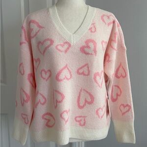 CeCe Pink Heart V-Neck Sweater Size S